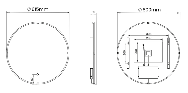 Arezzo Matt Black 600mm Round LED Illuminated Bathroom Mirror with Touch Sensor & Anti-Fog