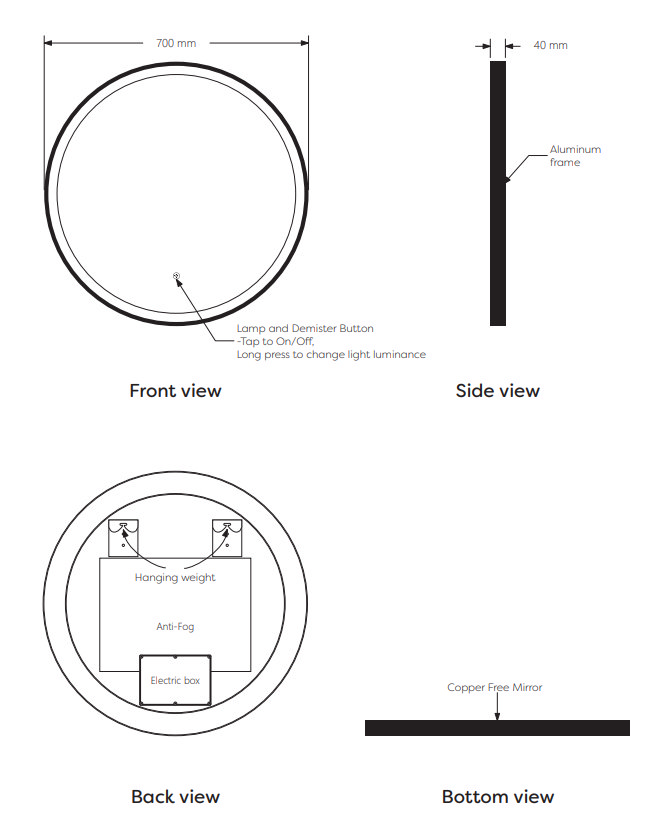 Arezzo Matt Black 700mm Round LED Illuminated Anti Fog Bathroom Mirror