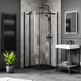 Arezzo Matt Black 800 x 800mm Frameless Quadrant Shower Enclosure with Black Tray Large Image