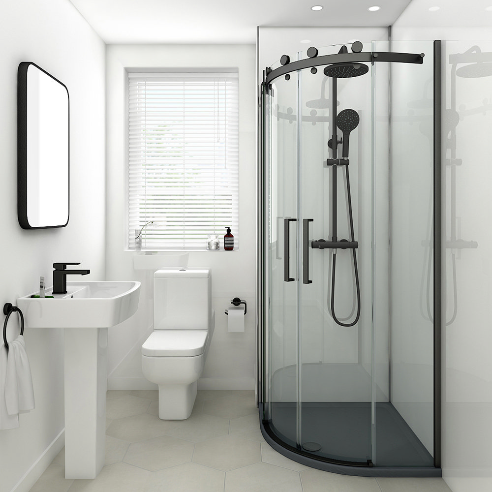 Arezzo Matt Black 900 x 900mm Frameless Quadrant Shower Enclosure