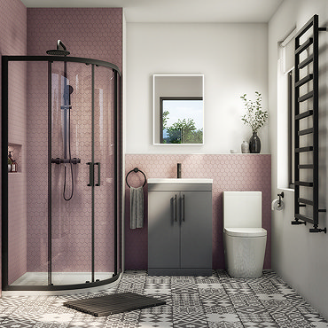 Arezzo Matt Black 900mm Quadrant Shower Suite with Matt Grey Vanity Unit + Modern Round Toilet