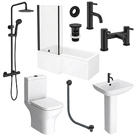 Arezzo Matt Black Complete Modern Bathroom Package (incl. L-Shaped Bath)