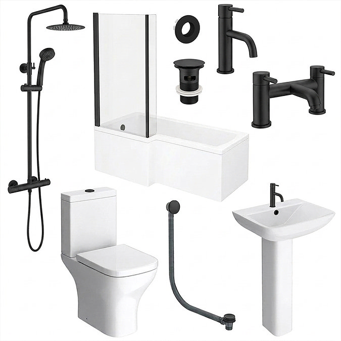 Arezzo Matt Black Complete Modern Bathroom Package (incl. L-Shaped Bath)