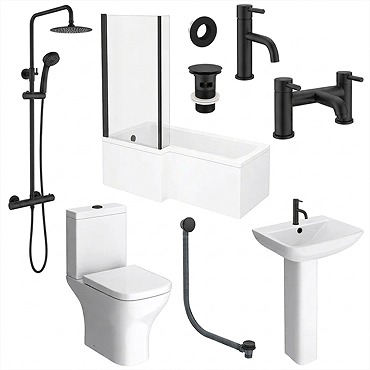 Arezzo Matt Black Complete Modern Bathroom Package (incl. L-Shaped Bath)