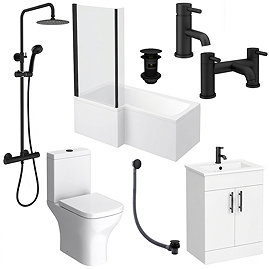 Arezzo Matt Black Complete Modern Bathroom Package (Including L-Shaped Bath)