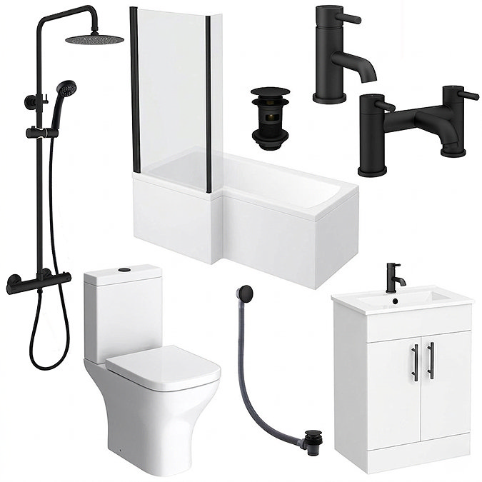 Arezzo Matt Black Complete Modern Bathroom Package (Including L-Shaped Bath)