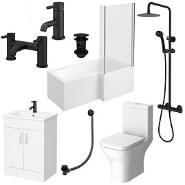 Arezzo Matt Black Complete Modern Bathroom Package (incl. L-Shaped Bath) Right Hand Option