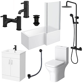 Arezzo Matt Black Complete Modern Bathroom Package (incl. L-Shaped Bath) Right Hand Option