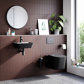 Arezzo Matt Black Complete Wall Hung Square Toilet & 400mm Basin Set - Matt Black Flush