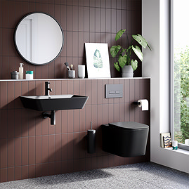 Arezzo Matt Black Complete Wall Hung Square Toilet & 600mm Basin Set - Matt Black Flush