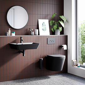 Arezzo Matt Black Complete Wall Hung Toilet and 600mm Basin Set - Matt Black Flush