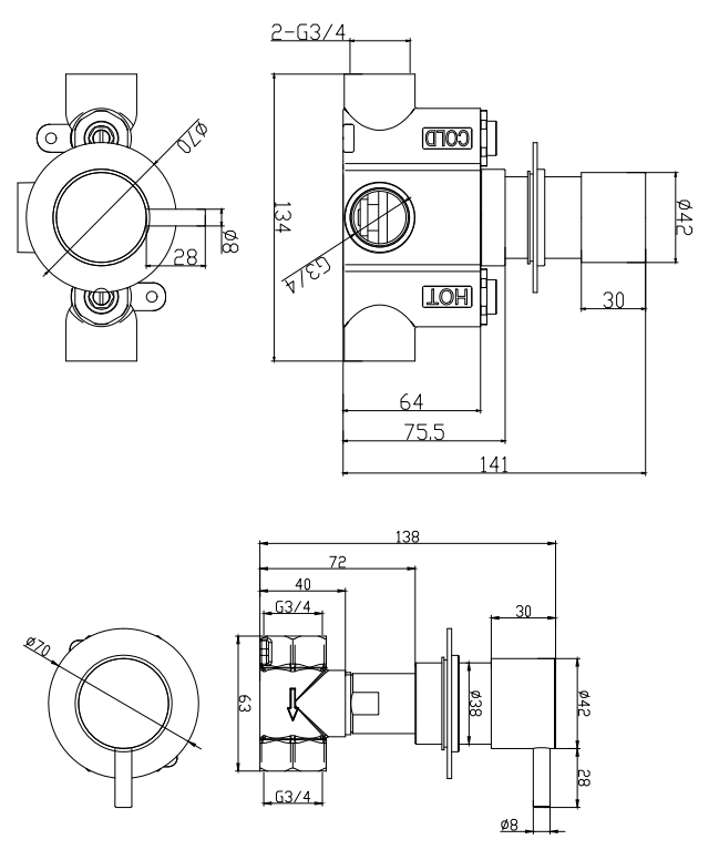 Arezzo Matt Black Concealed Individual Stop Tap + Thermostatic Control Valve with 200mm Shower Head