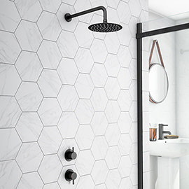 Arezzo Matt Black Concealed Individual Stop Tap + Thermostatic Control Valve with 200mm Shower Head 