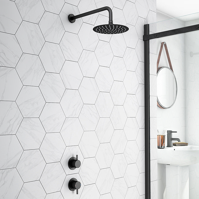 Arezzo Matt Black Concealed Individual Stop Tap + Thermostatic Control Valve with 200mm Shower Head