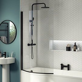 Arezzo Matt Black Curved Shower Bath Screen for B-Shaped Baths Large Image