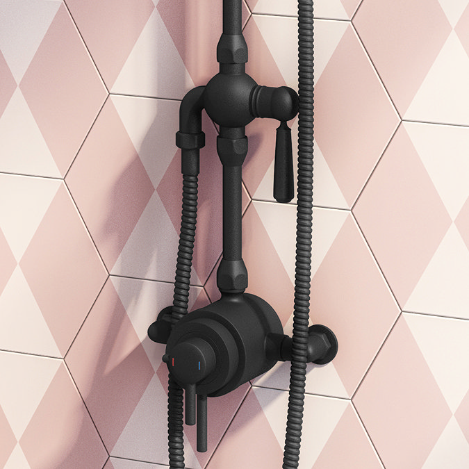 Arezzo Matt Black Dual Exposed Valve with Rigid Riser Kit, 195mm Shower Head, Handshower & Diverter