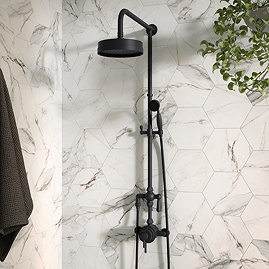 Arezzo Matt Black Dual Exposed Valve with Rigid Riser Kit, 195mm Shower Head, Handshower & Diverter