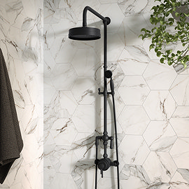 Arezzo Matt Black Dual Exposed Valve with Rigid Riser Kit, 195mm Shower Head, Handshower & Diverter
