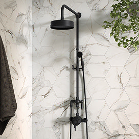 Arezzo Matt Black Dual Exposed Valve with Rigid Riser Kit, 195mm Shower Head, Handshower & Diverter