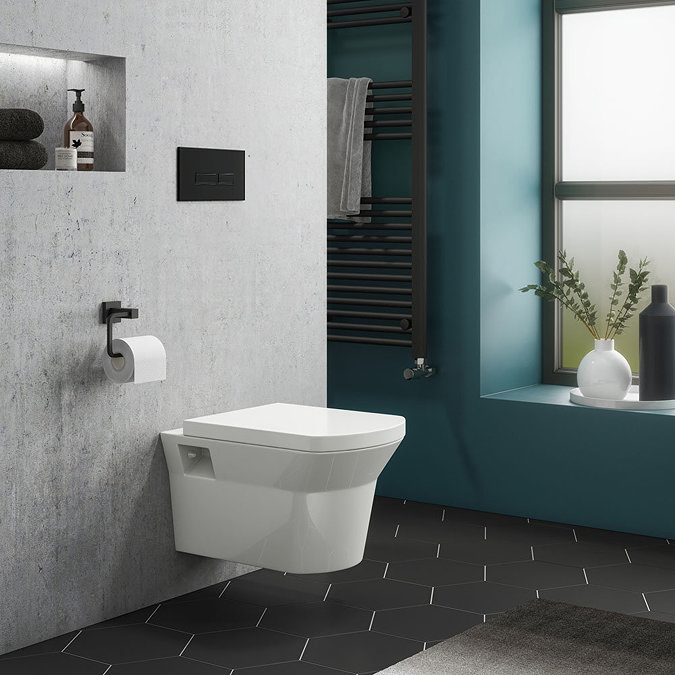 Arezzo Matt Black Dual Flush Concealed WC Cistern with Wall Hung Frame + Modern Toilet 