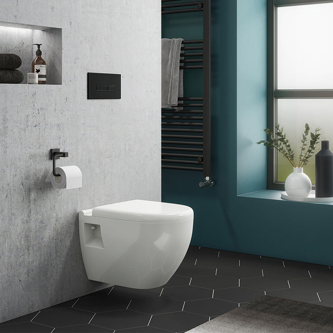 Arezzo Matt Black Dual Flush Concealed WC Cistern with Wall Hung Frame + Modern Toilet