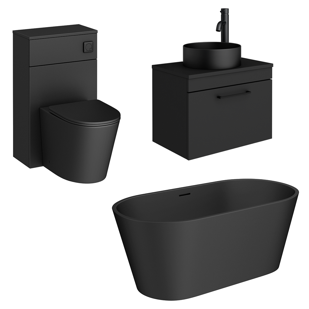 Arezzo Matt Black Freestanding Bathroom Suite with Round Basin Vanity Unit WC Unit Bath