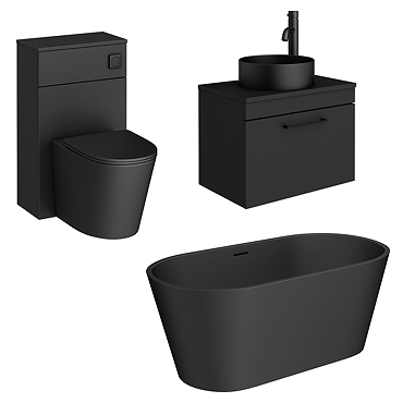 Arezzo Matt Black Freestanding Bathroom Suite (with Round Basin, Vanity Unit, WC Unit + Bath)