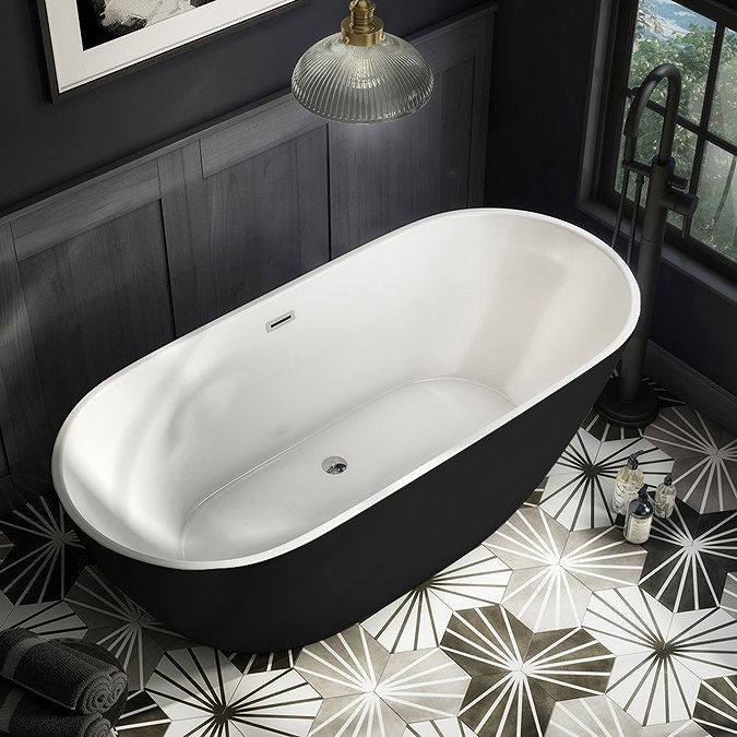 Arezzo Matt Black Freestanding Modern Bath with Chrome Waste 1650 x 750 x 570mm