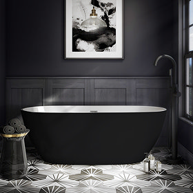 Arezzo Matt Black Freestanding Modern Bath with Chrome Waste 1650 x 750 x 570mm