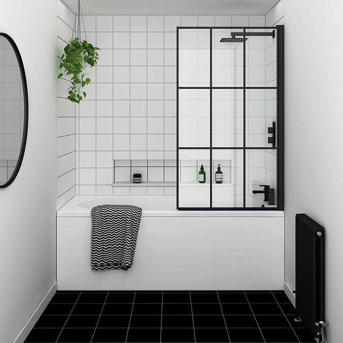 Arezzo Matt Black Grid Bath Screen with Curved Single Ended Bath  In Bathroom Large Image