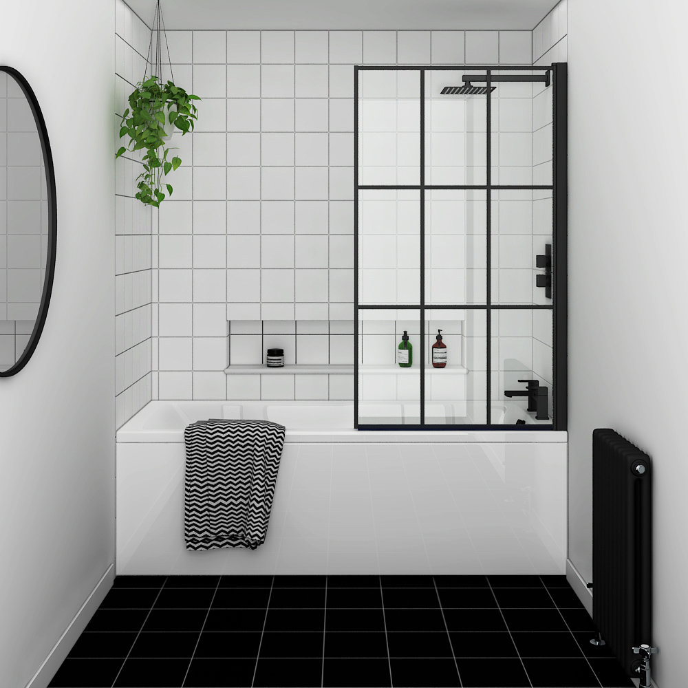 Arezzo Matt Black Grid Bath Screen with Square Single Ended Bath