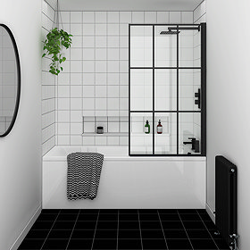 Arezzo Matt Black Grid Bath Screen with Square Single Ended Bath Large Image