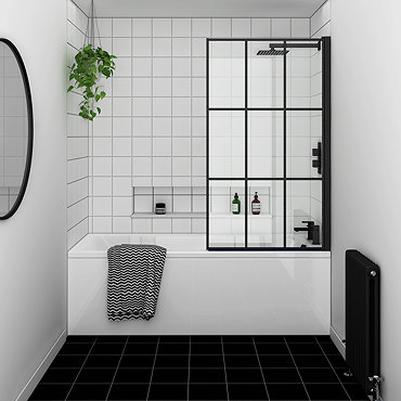 Arezzo Matt Black Grid Bath Screen with Square Single Ended Bath  Profile Large Image