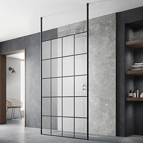 Arezzo Matt Black Grid Free Standing Wet Room Screen with Black Double Ceiling Posts