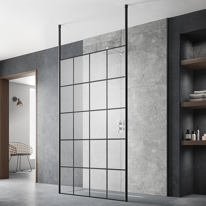 Arezzo Matt Black Grid Free Standing Wet Room Screen with Black Double Ceiling Posts Large Image