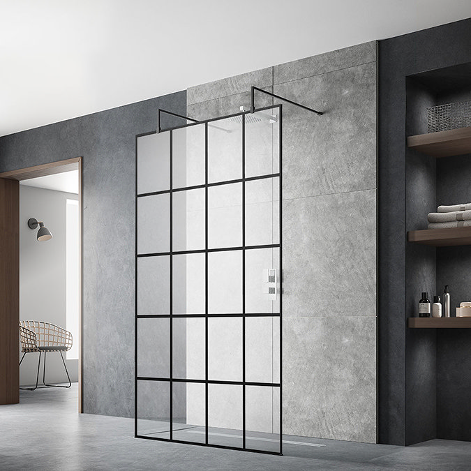 Arezzo Matt Black Grid Free Standing Wet Room Screen with Double Support Arms - Various Sizes Large 