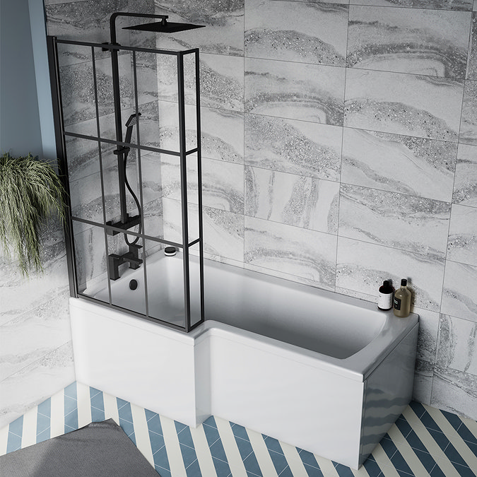 Arezzo Matt Black Grid L-Shaped Hinged Bath Screen