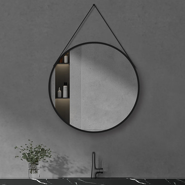 Arezzo Matt Black Hanging 600mm Round Bathroom Mirror