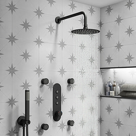 Arezzo Matt Black Industrial Style Push Button Shower Valve with Diverter, Handset, Fixed Shower Hea