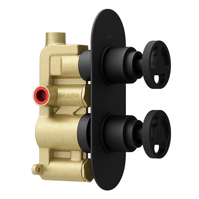 Arezzo Matt Black Industrial Style Round Modern Twin Concealed Shower Valve  In Bathroom Large Image