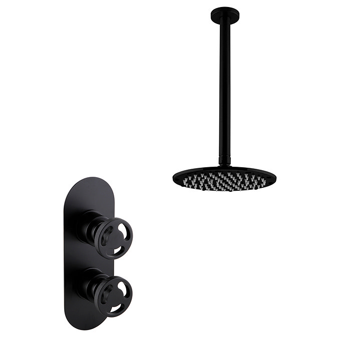 Arezzo Matt Black Industrial Style Shower System with Concealed Valve + Ceiling Mounted Head additional Large Image