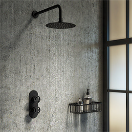 Arezzo Matt Black Industrial Style Shower System with Concealed Valve + Head Medium Image