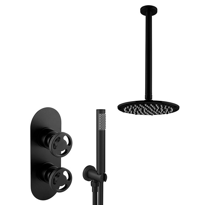 Arezzo Matt Black Industrial Style Shower System with Valve, Handset + Ceiling Mounted Head  In Bath