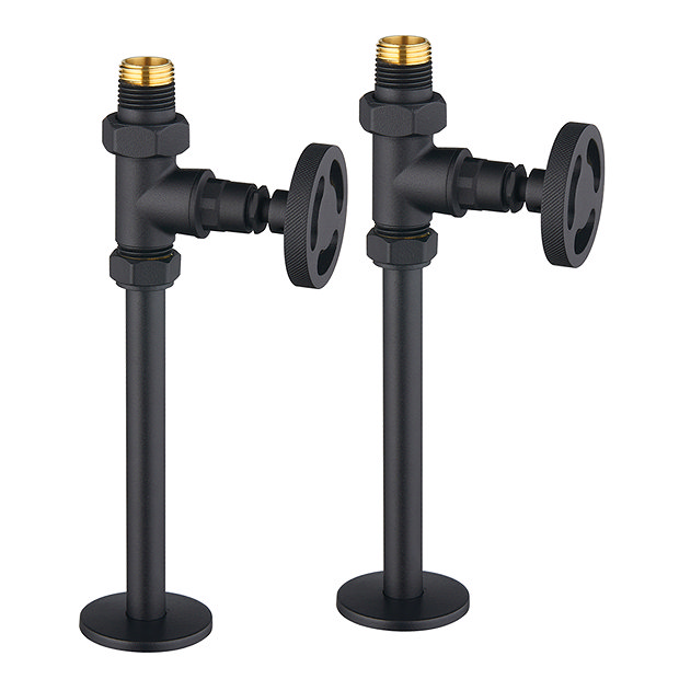 Arezzo Matt Black Industrial Style Straight Radiator Valves incl. Stand Pipes Large Image