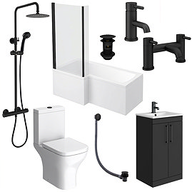 Arezzo Matt Black L-Shaped Shower Bath Suite with Vanity Unit & Toilet