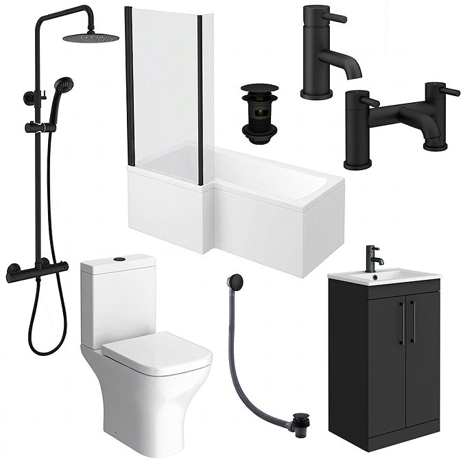 Arezzo Matt Black L-Shaped Shower Bath Suite with Vanity Unit & Toilet