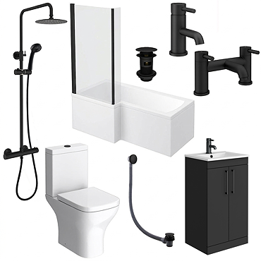 Arezzo Matt Black L-Shaped Shower Bath Suite with Vanity Unit & Toilet