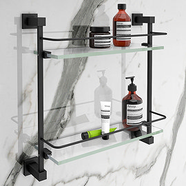 Arezzo Matt Black Modern Double Glass Shelf Large Image