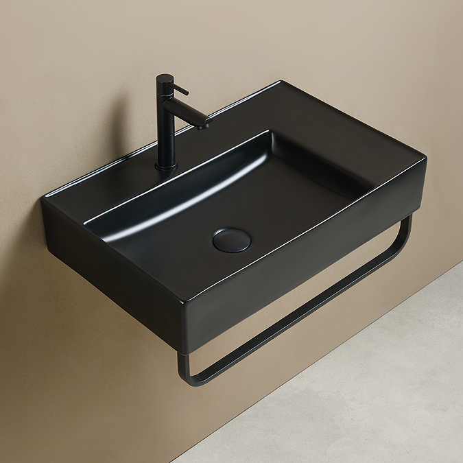 Arezzo Matt Black Wall Hung Basin 1TH - 610 x 380mm with Matt Black Towel Rail