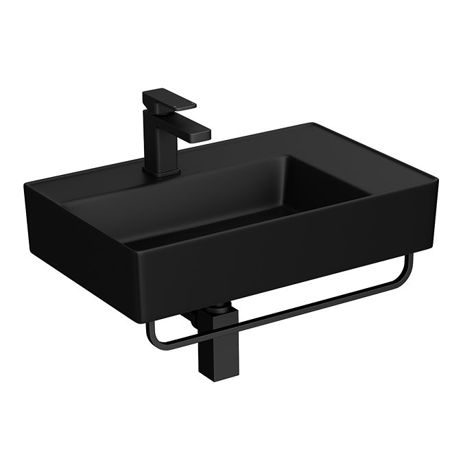 Arezzo Matt Black Wall Hung Basin 1TH - 610 x 380mm with Matt Black Towel Rail